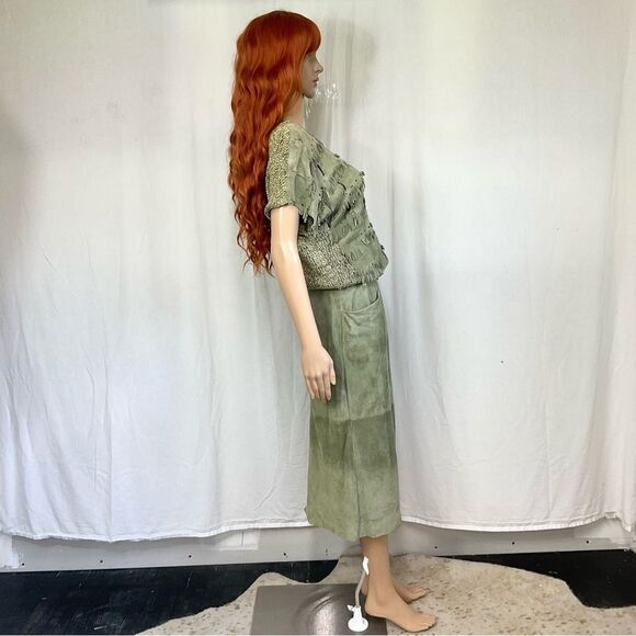 Bino Baraldi VTG 2-Pc Outfit Knit Leather Top + Leather Midi Skirt Green set S - Picture 3 of 17